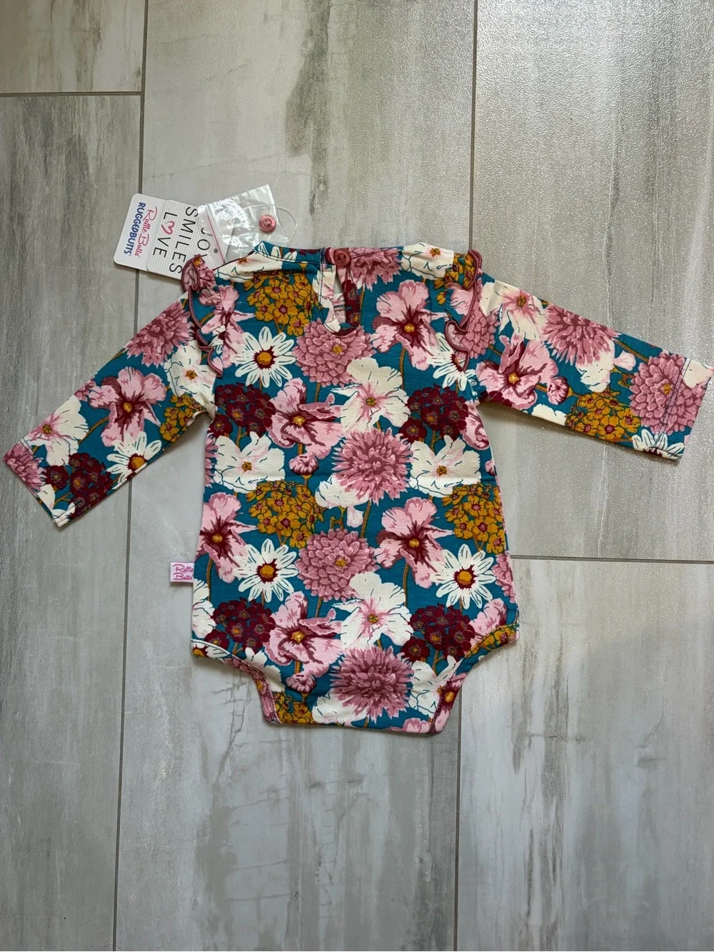 NWT RuffleButts Floral Radiant Stems Long Sleeve Ruffled Bodysuit, Girls 0-3M
